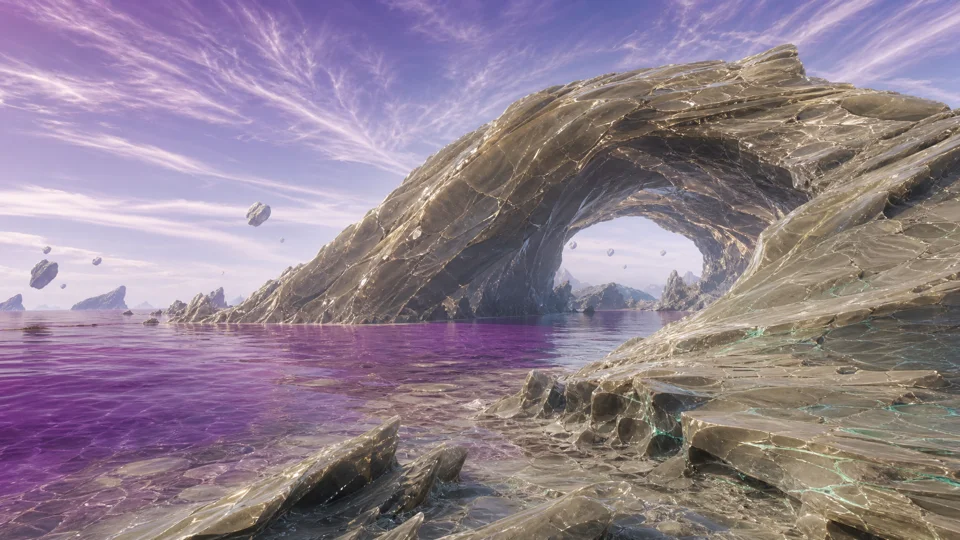 按星球材质与配色生成的幻想风景试作